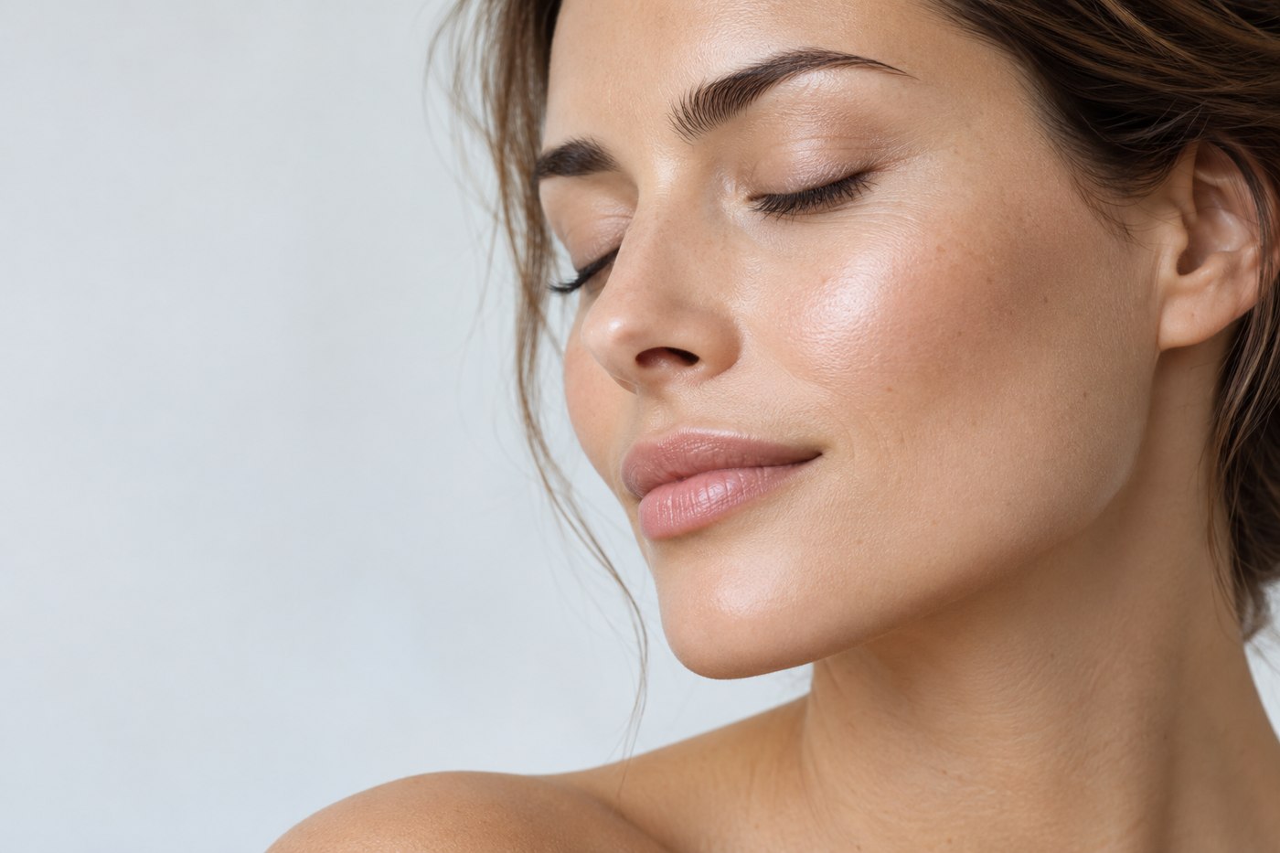 AI-generated editorial beauty model with smooth skin; not a patient or treatment result